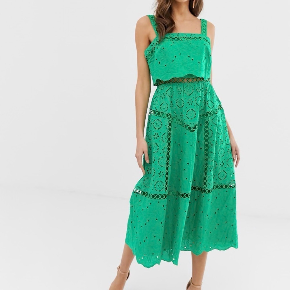 ASOS Midi Dress Women’s Size 10 Kelly Green Eyelet Lace Cotton Feminine Colorful